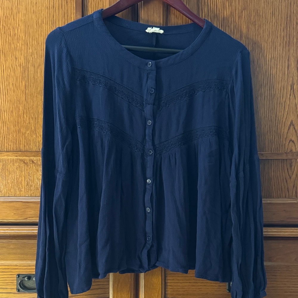 Caution To The Wind Chevron Lace Yoke Button Down Boho Blouse Top Casual Flowy